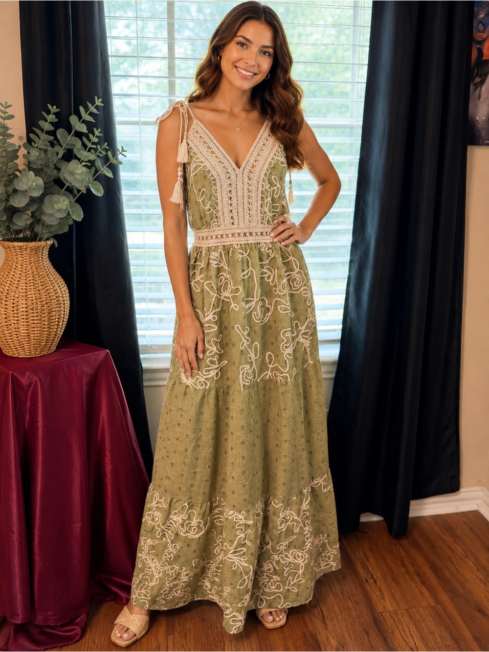 NWT Olive Green Boho Crochet Maxi Dress Size S/M